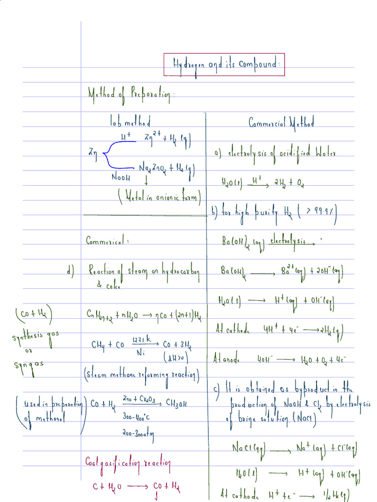 Hydrogen and Its Compounds Notes | PDF