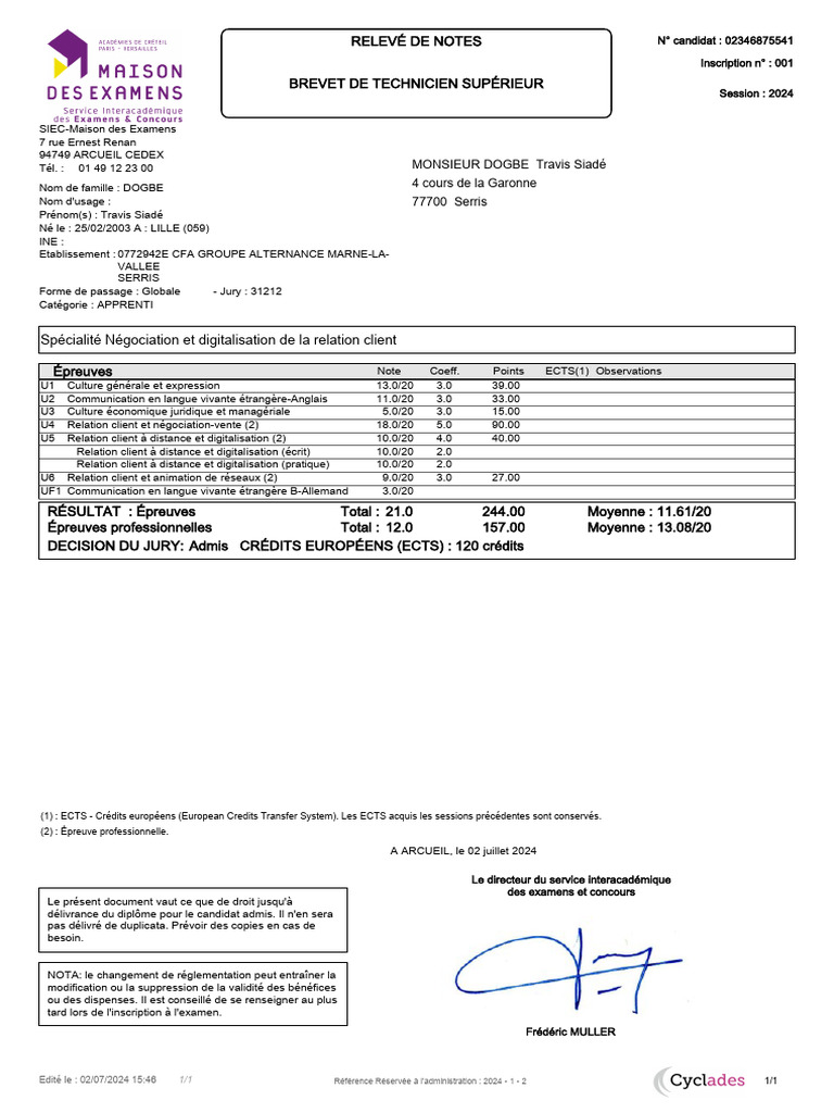 Releve de Notes 234687554100001 | PDF
