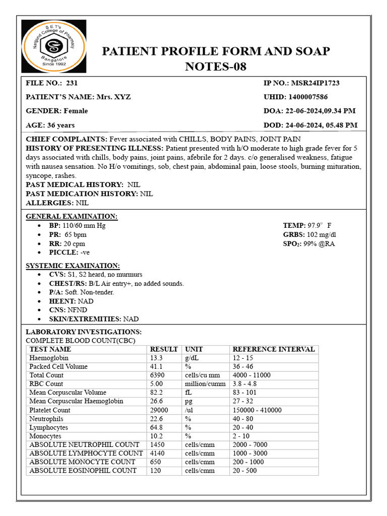 Dengue Fever Patient Profile & SOAP Notes | PDF | Bleeding | Dehydration