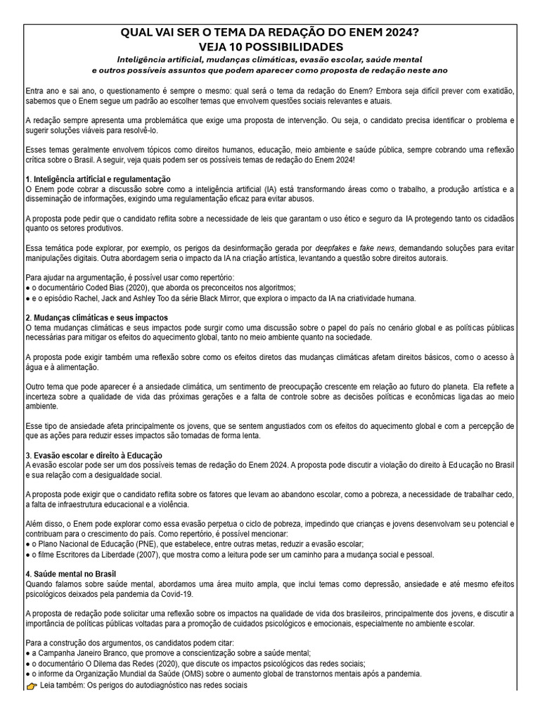 Qual Vai Ser o Tema Da Redação Do Enem 2024 | PDF