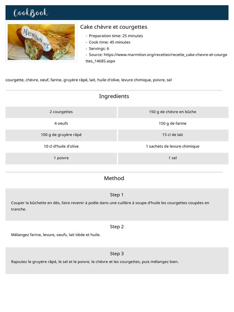 CookBook Recipe Cake Chèvre Et Courgettes | PDF
