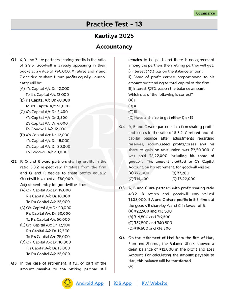 Practice Test 13 - Accountancy Test Paper - Kautilya 2025 | PDF