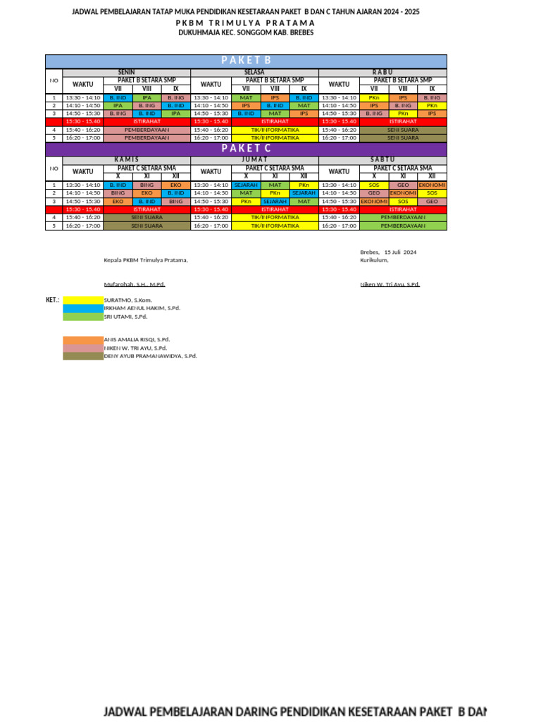 Jadwal Pelajaran Paket B, C 2024-2025 Real | PDF