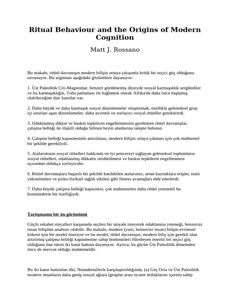 Ritual Behaviour and The Origins of Modern Cognition | PDF