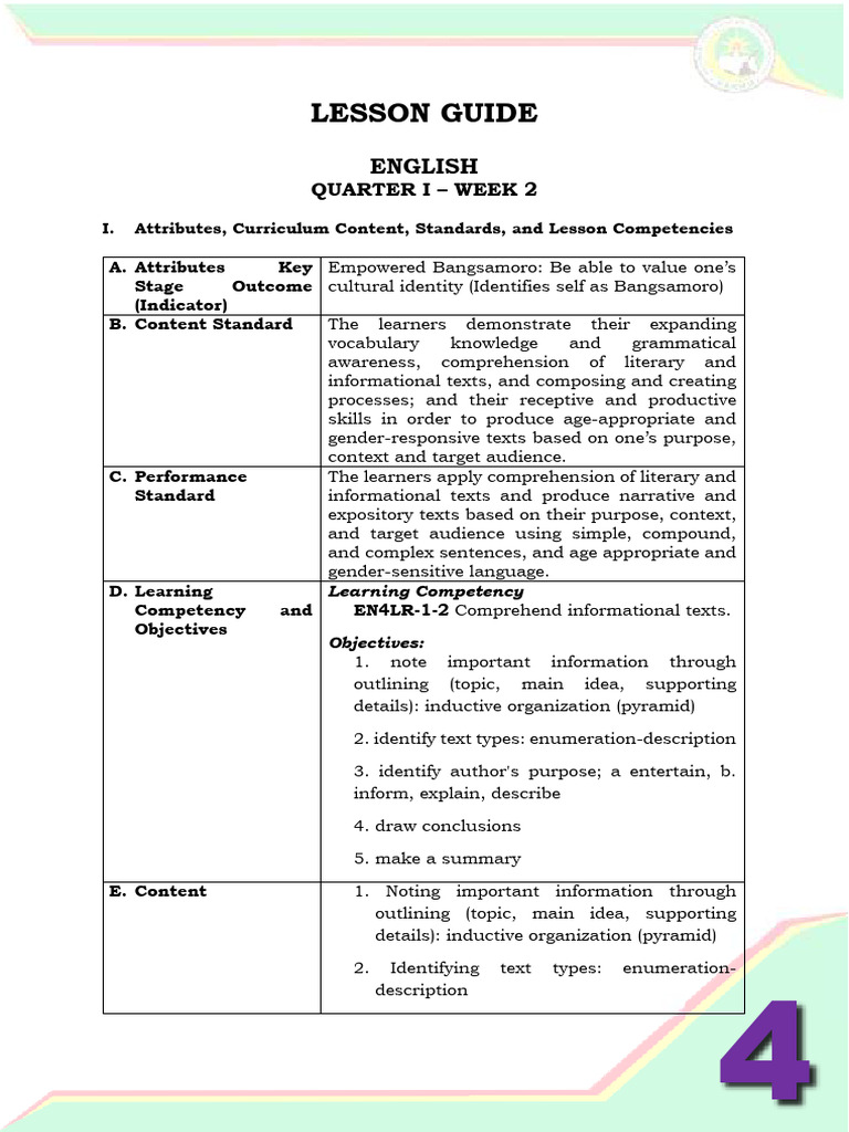 Grade 4 English Week 2: Text Comprehension | PDF | Reading ...