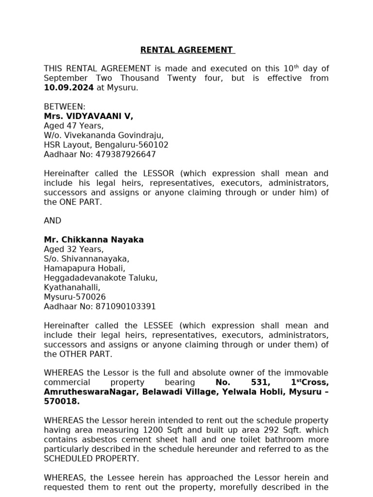 Rental Agreement Draft Belwadi | PDF