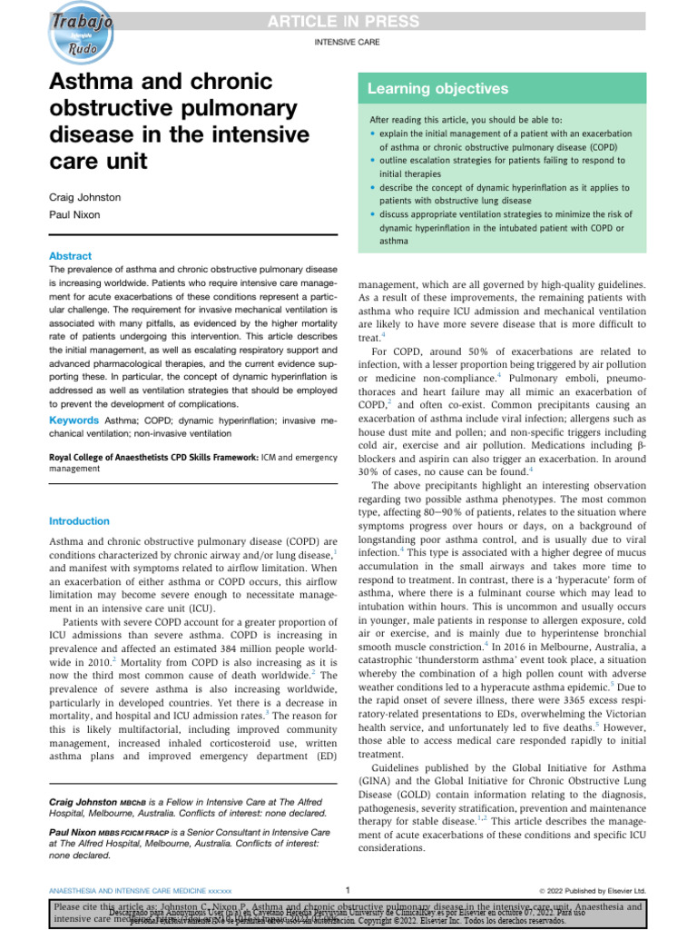 ICU Management of Asthma and COPD | PDF | Chronic Obstructive Pulmonary ...