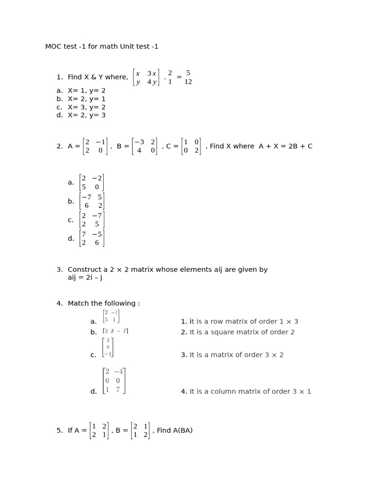 Math Unit Test 1: Matrix Problems | PDF