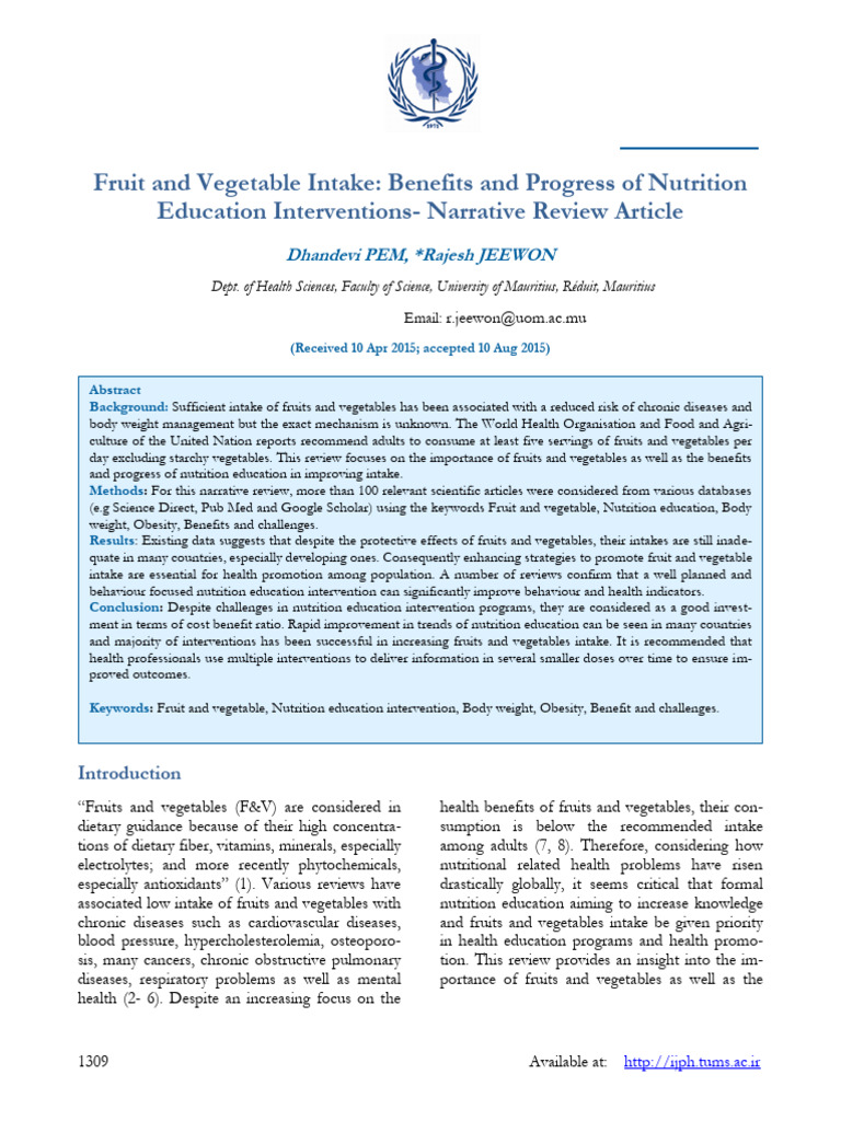 Fruits and Vegies Intake. | PDF
