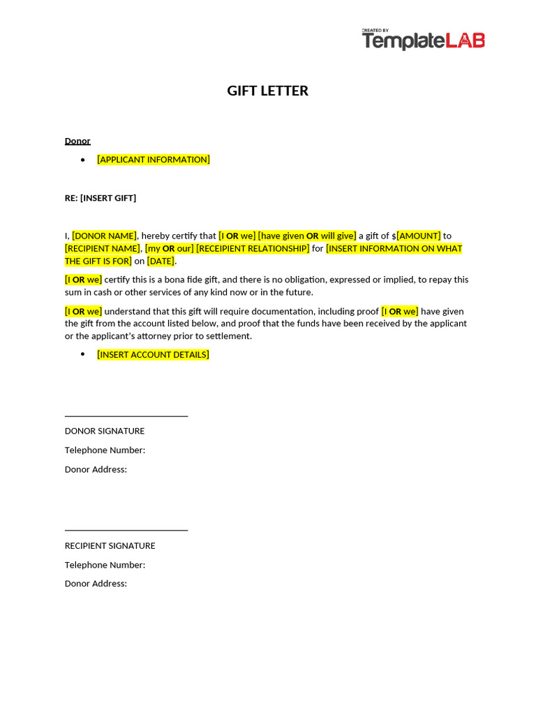 Gift Letter Template for Monetary Gifts | PDF