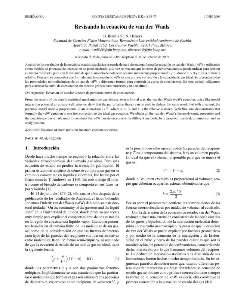 Deducción de la ecuación de van der Waals | PDF | Gases | Física ...