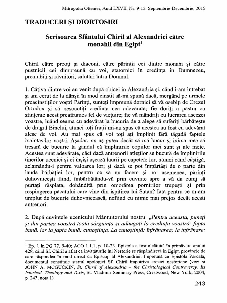 (Sfântul Chiril Al Alexandriei) Scrisoarea Către Monahii Din Egipt | PDF