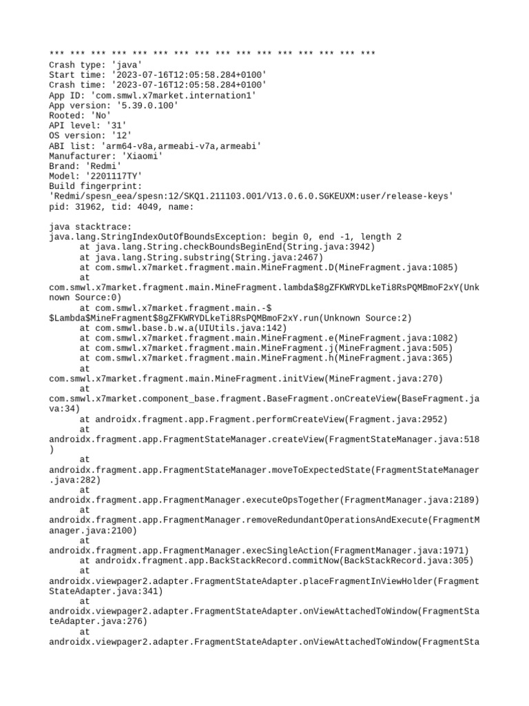 Java Crash Log: StringIndexOutOfBoundsException | PDF | String ...