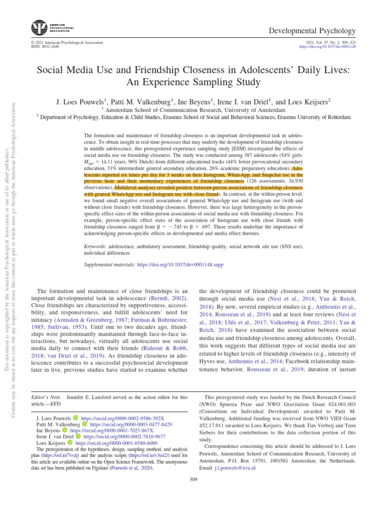 Social Media Use and Friendship Closeness in Adolescents' Daily Lives ...