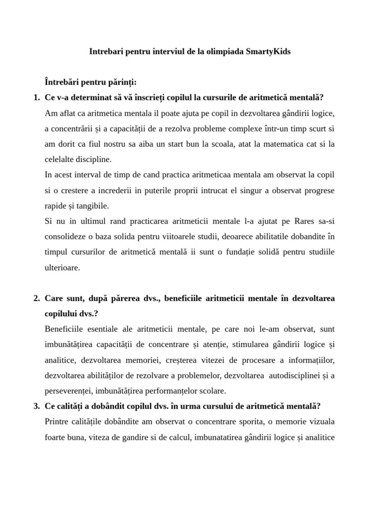 Întrebări Interviuri 2024 Pentru Parinti Si Copii | PDF