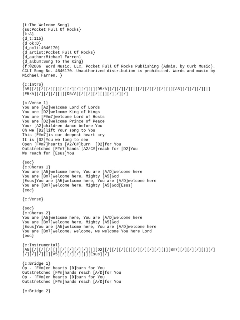 The Welcome Song (Pocket Full ... ) Chord Chart - A - Chordpro | PDF