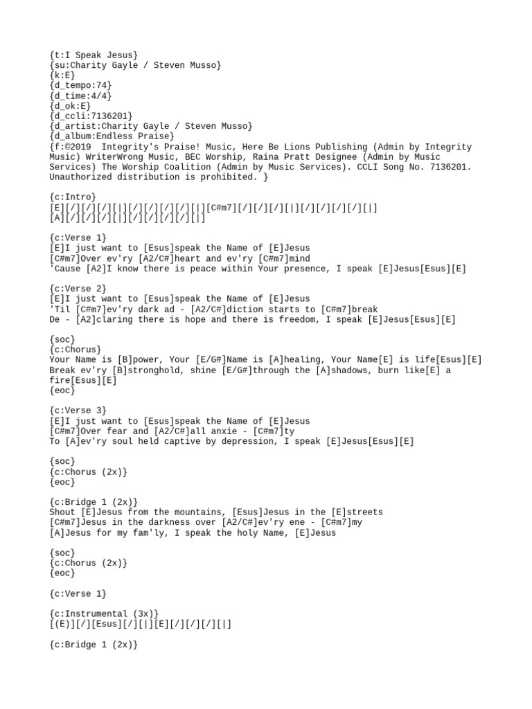I Speak Jesus (Charity Gayl... ) Chord Chart E Chordpro PDF