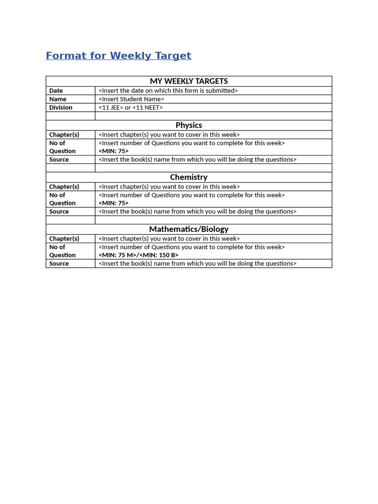 Format For Weekly Targets and Sprints | PDF