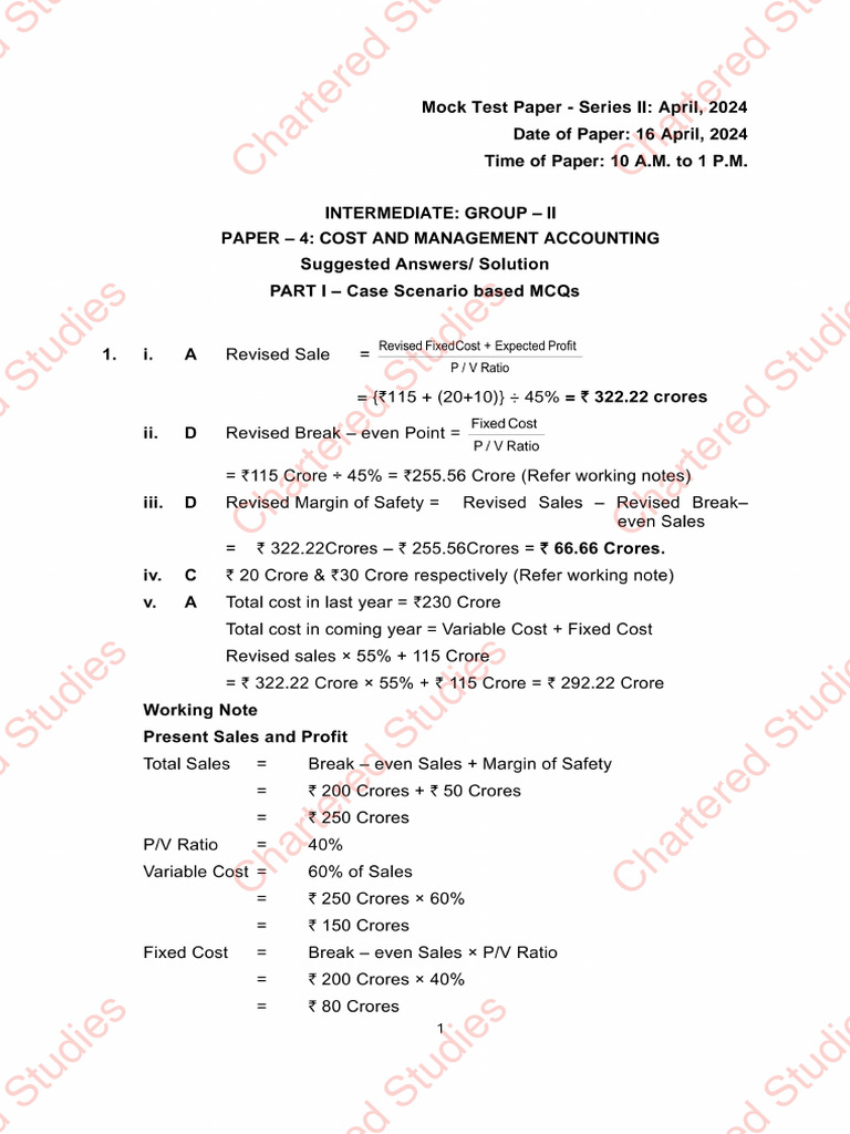 CA Intermediate Paper - 4 Cost and Management Accounting MTP Series | PDF