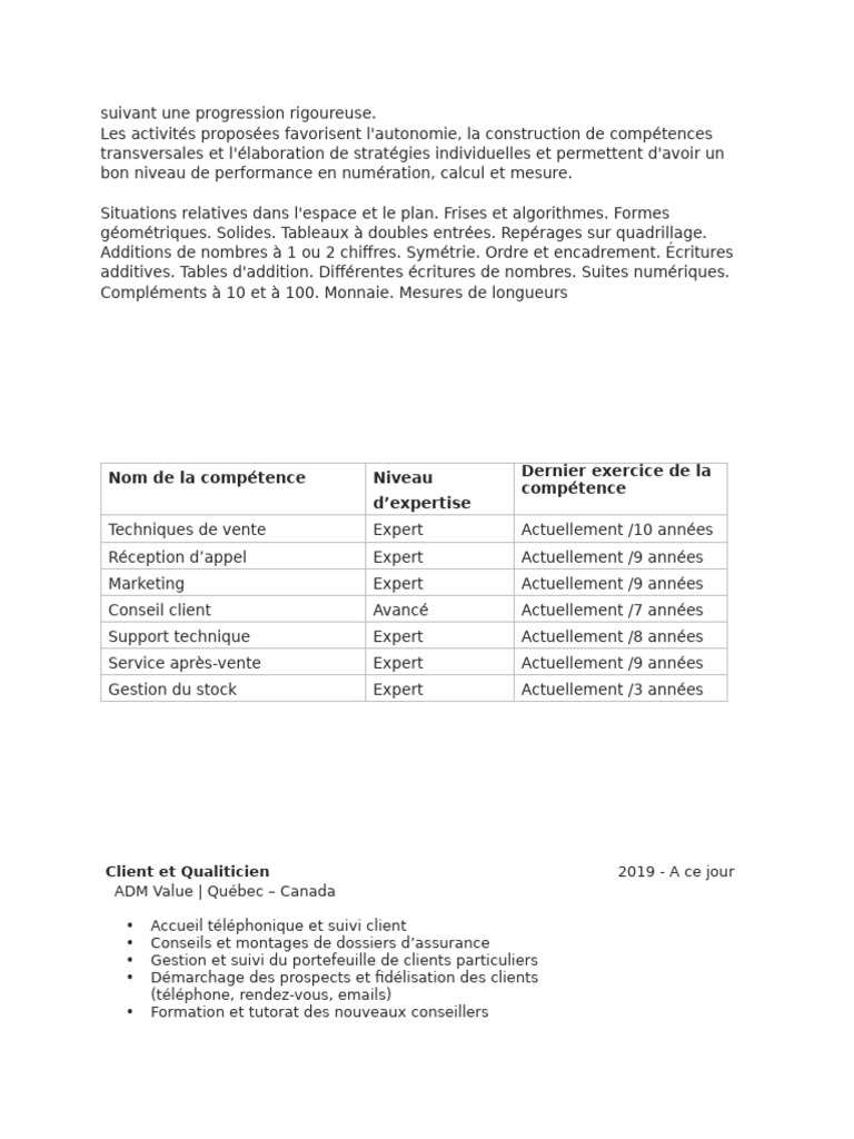 Nom de La Compétence Niveau D'expertise Dernier Exercice de La ...