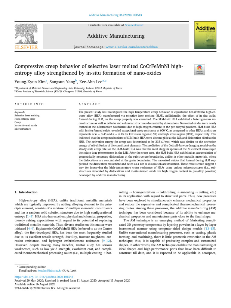 Compressive Creep Behavior of Selective Laser Melted CoCrFeMnNi High ...