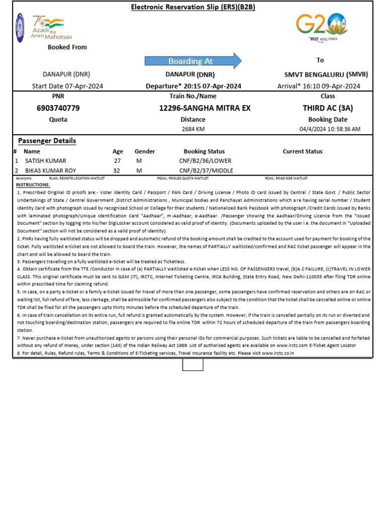 12296-Sangha Mitra Ex Third Ac (3A) : Start Date 07-Apr-2024 Arrival 16 ...