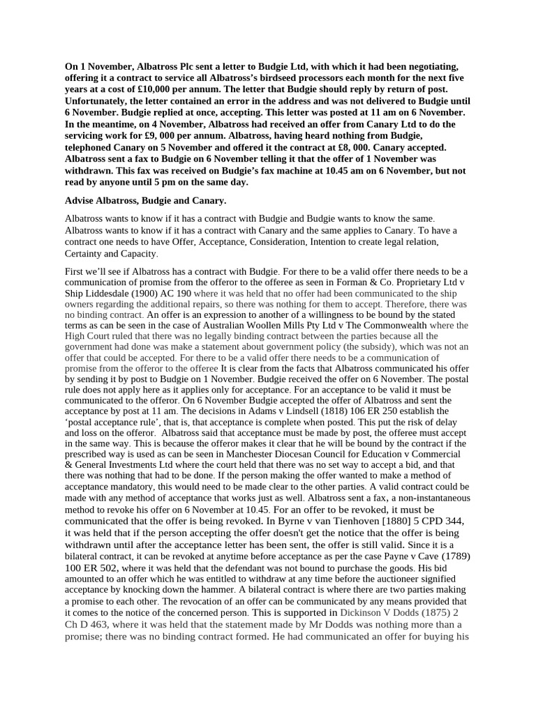 Contract Law Offer And Acceptance Question Pdf