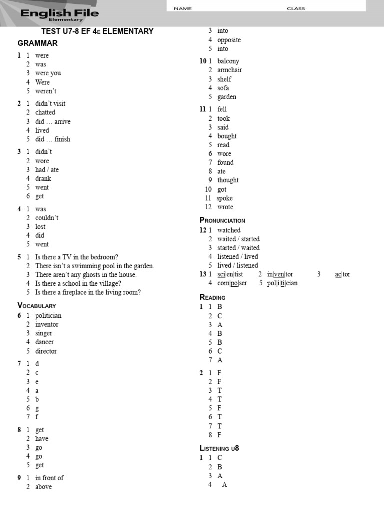 ANSWER KEY TEST U7-8 ELEMENTARY 4e | PDF