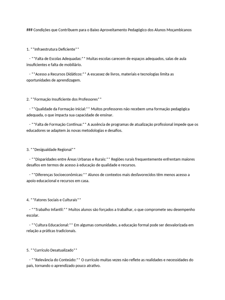 Fatores do Baixo Aproveitamento Escolar em Moçambique | PDF | Pedagogia ...