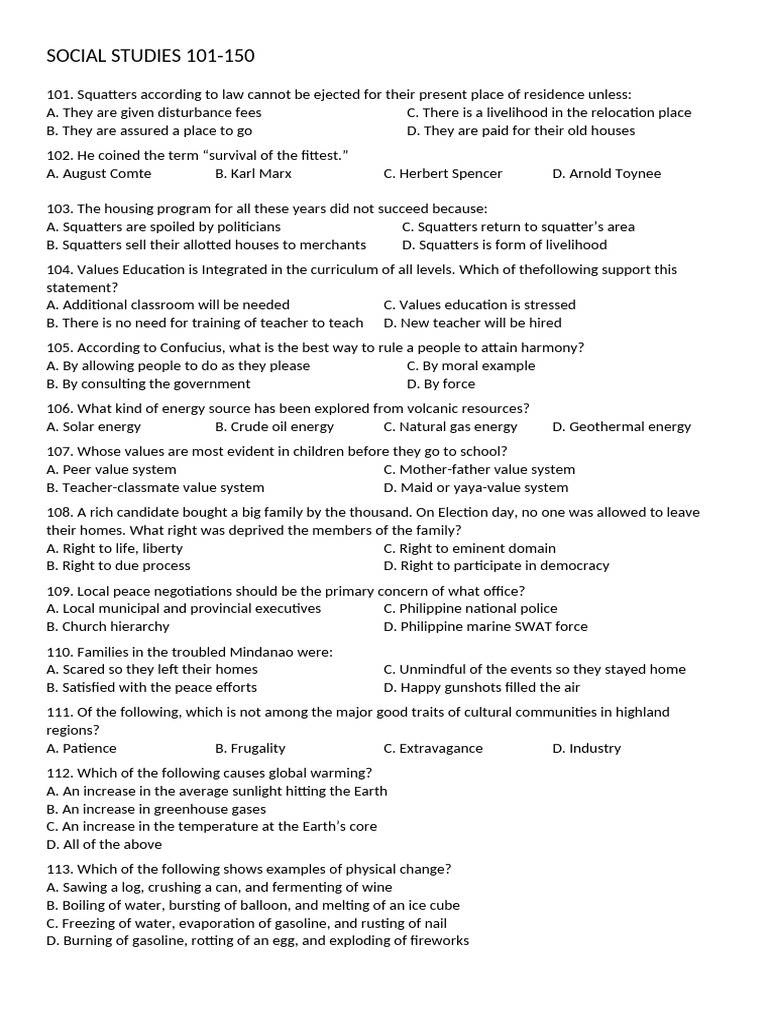 Social Studies Quiz Questions 101-137 | PDF | Philippines