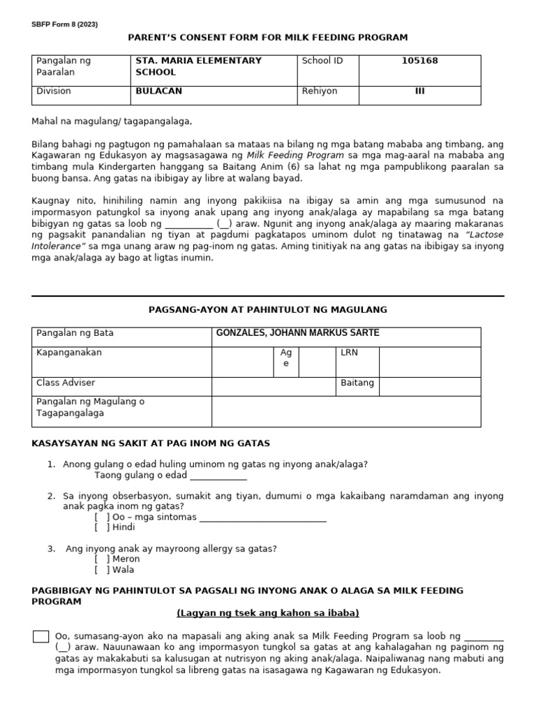 Parent Consent for Milk Feeding Program | PDF | Lifestyle
