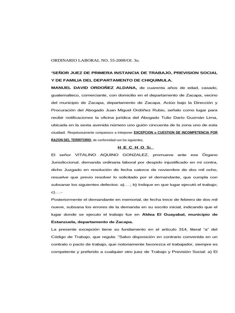 Excepcion de Incompetencia, Manuel David | PDF