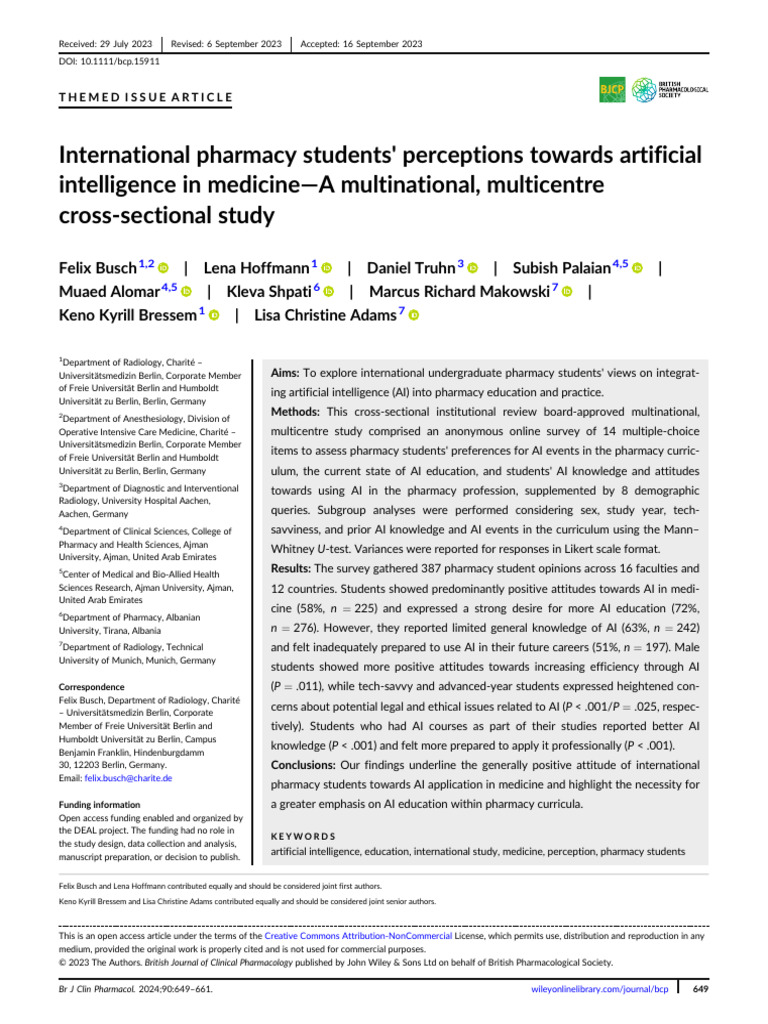Pharmacy Students Perceptions On AI | PDF