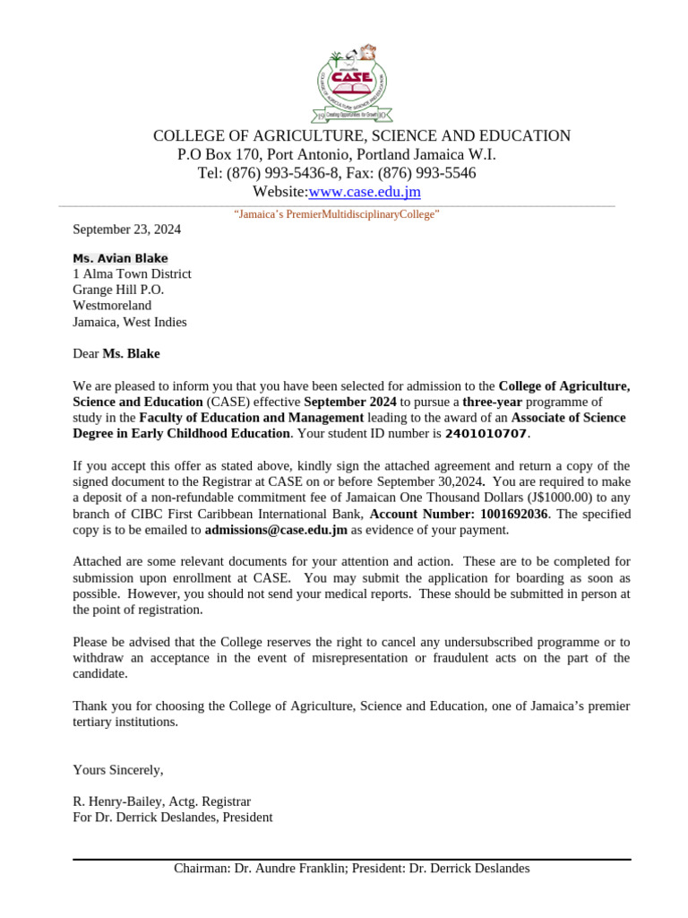 Acceptance Letter - Asc. Early Childhood FCM Conditon (3 Years) | PDF