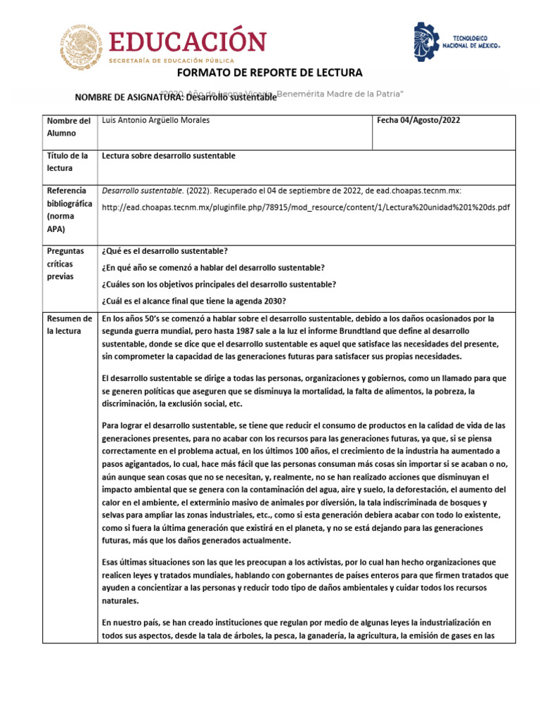 Formato de Reporte de Lectura | PDF