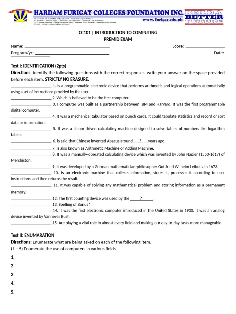CC 101 Prelim Exam | PDF
