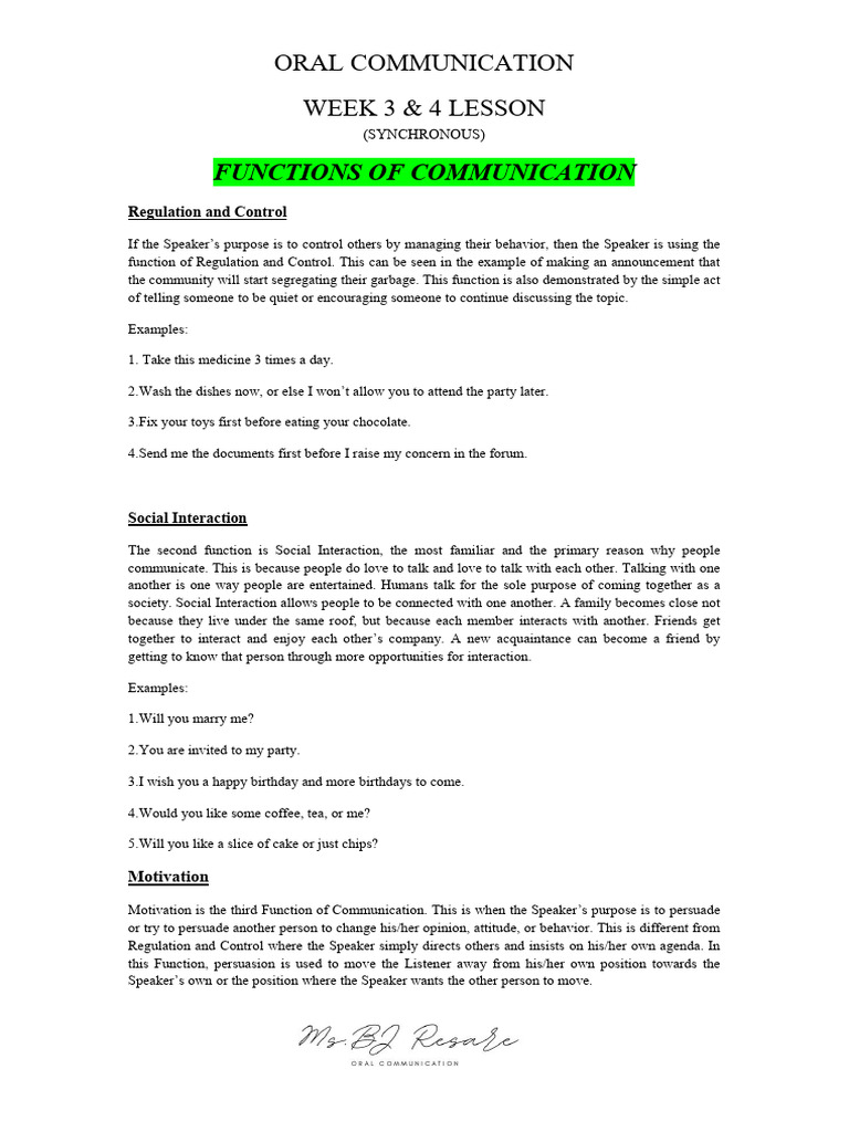 Week 3 & 4 Functions of Communication - Verbal and Nonverbal ...
