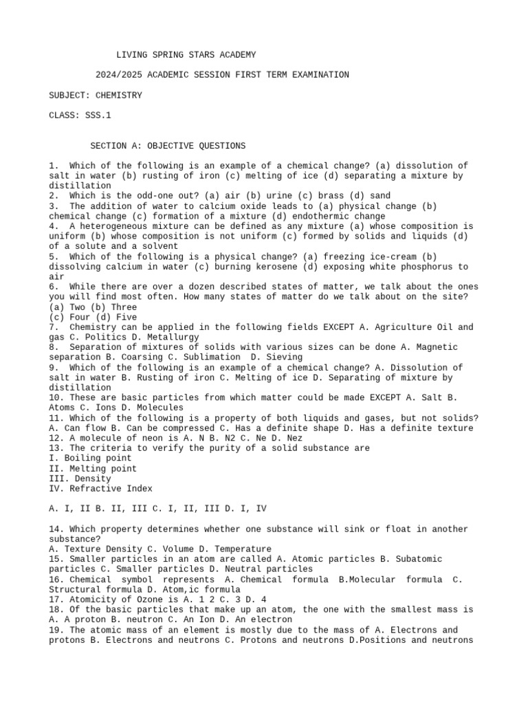 Ss1 First Term Chemistry Exam | PDF