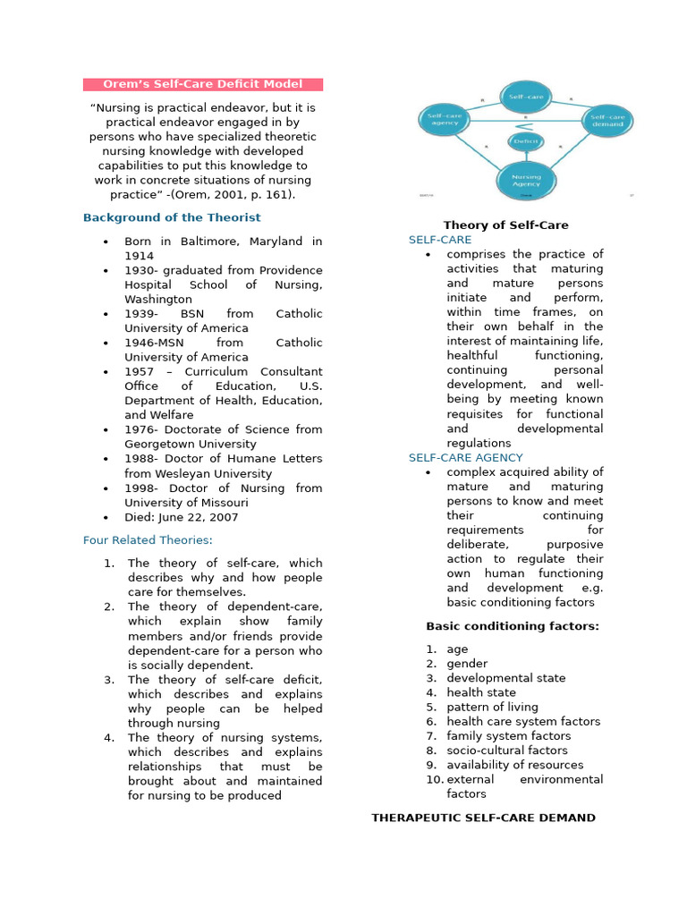 Orem's Self-Care Deficit Model: Background of The Theorist | PDF