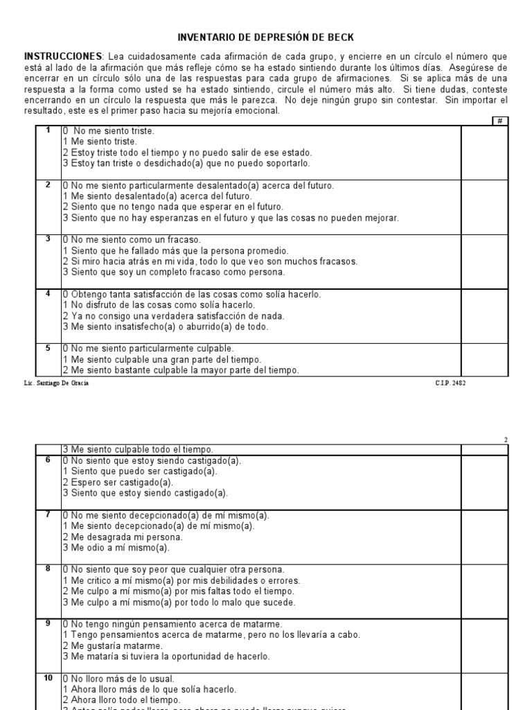 Inventario De Depresión De Beck INSTRUCCIONES: Lea ...