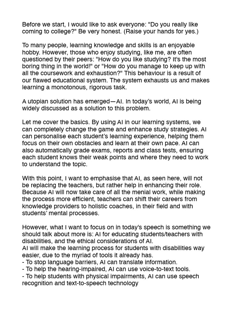 Elocution Speech On AI and Education | PDF