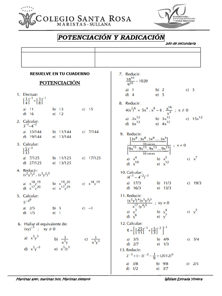 Potenciación y Radicación-2ro de Sec | PDF