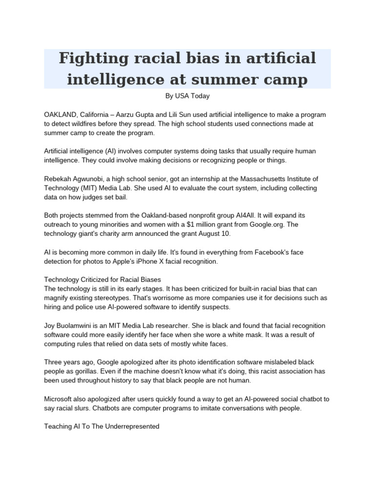Fighting Racial Bias in Artificial Intelligence at Summer Camp | PDF