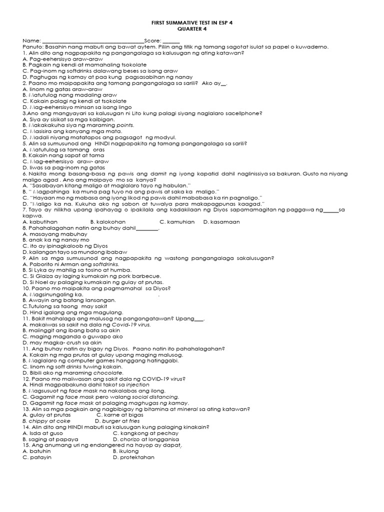 Points.: First Summative Test in Esp 4 Quarter 4 | PDF