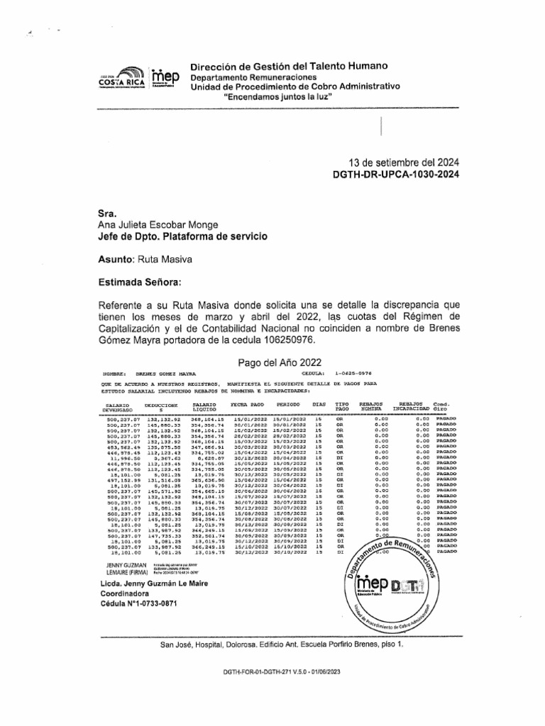 Oficio Dgth-Dr-Upca-01030-2024 Del 13 de Setiembre 2024 | PDF