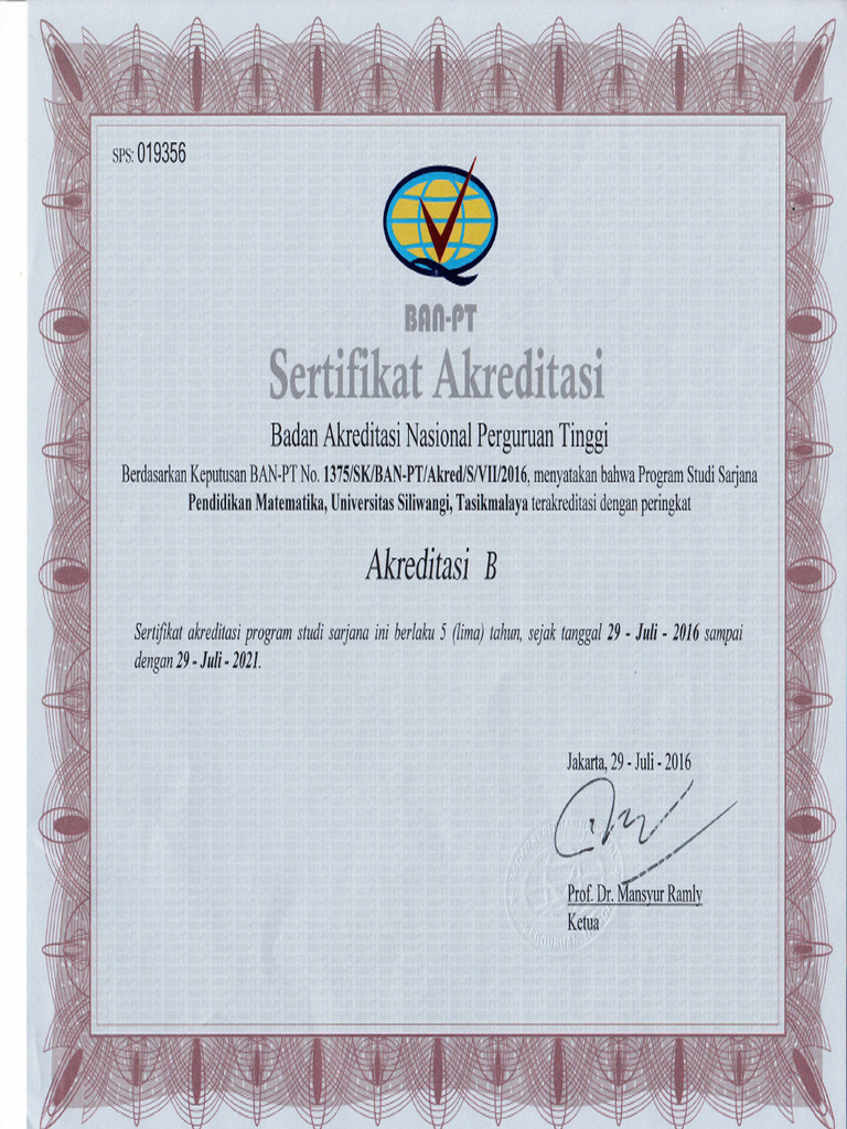 Akreditasi Pendidikan Matematika 2016 - 2021 B | PDF
