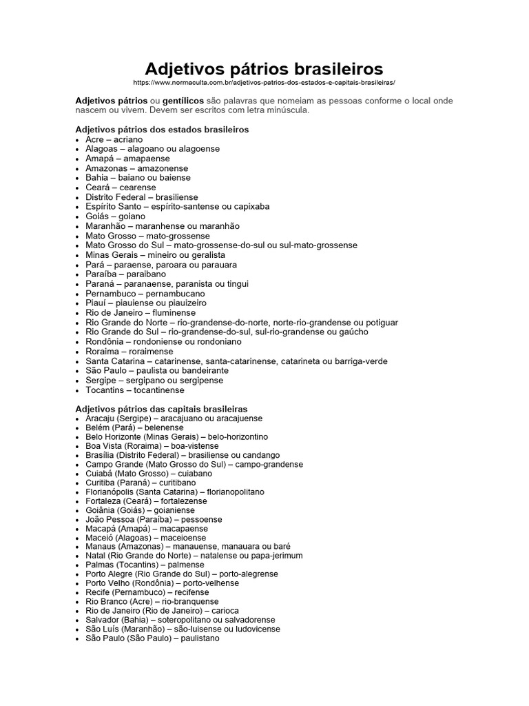 Adjetivos Pátrios Brasileiros | PDF