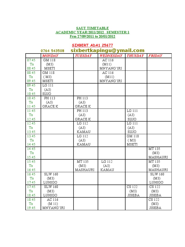 SAUT 2011/2012 Semester 1 Timetable | PDF | Sports & Recreation ...
