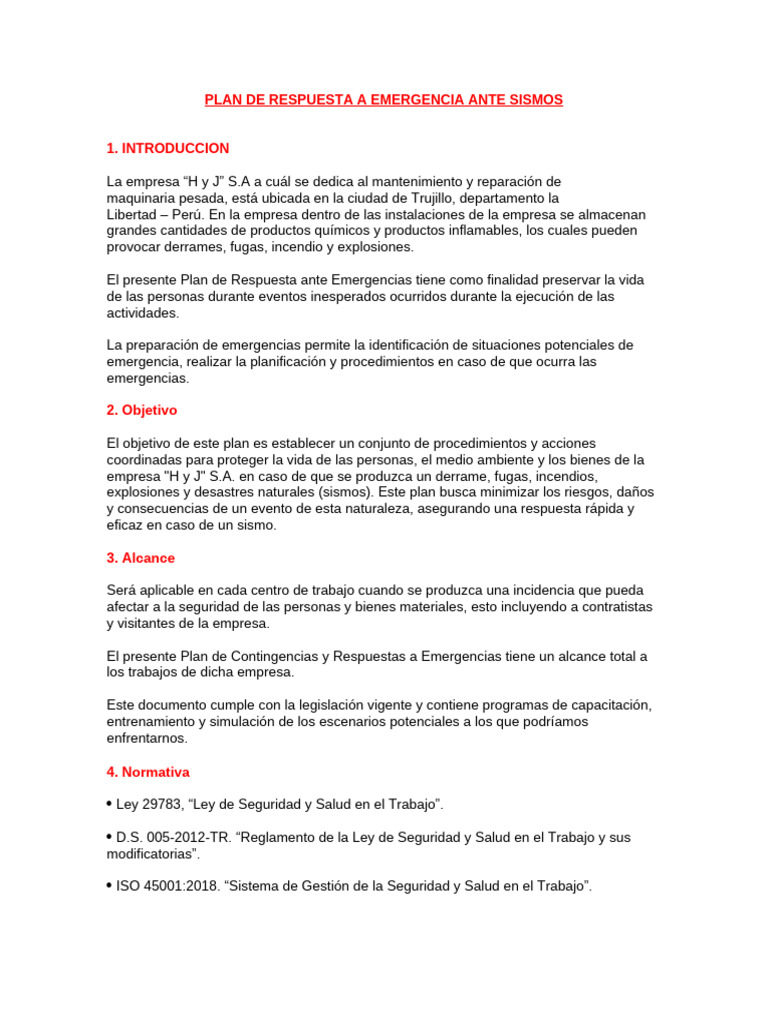 Plan de Respuesta A Emergencia Ante Sismos, Primeros Auxilios (Yoe ...