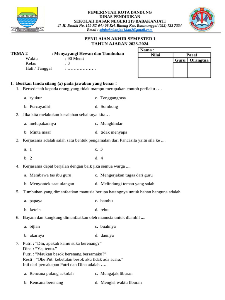 Soal Pas KLS 3 Tema 2 | PDF
